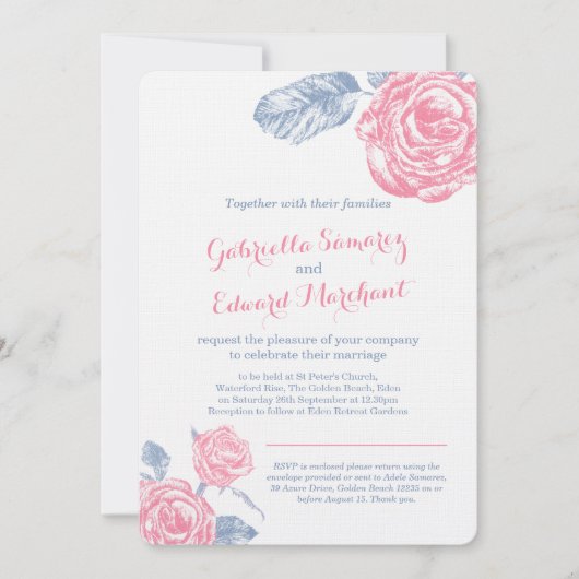 Invitation croquis à encre rose bleu rose mariage portrait in (Devant)