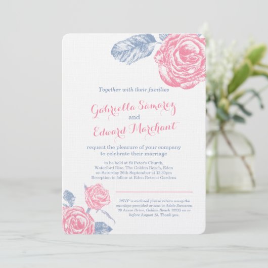 Invitation croquis à encre rose bleu rose mariage portrait in (Debout devant)