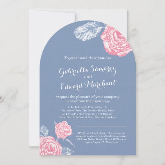 Invitation croquis à encre rose mariage rose bleu (Devant)