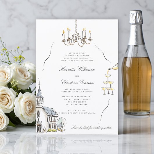 Invitation Croquis de chapelle chic Site web de mariage QR