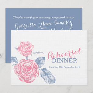 Invitation croquis d'encre rose dîner de répétition rose bleu
