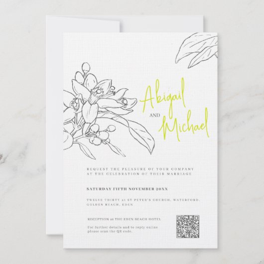 Invitation Croquis en fleur de citron vert mariage gris jaune (Devant)