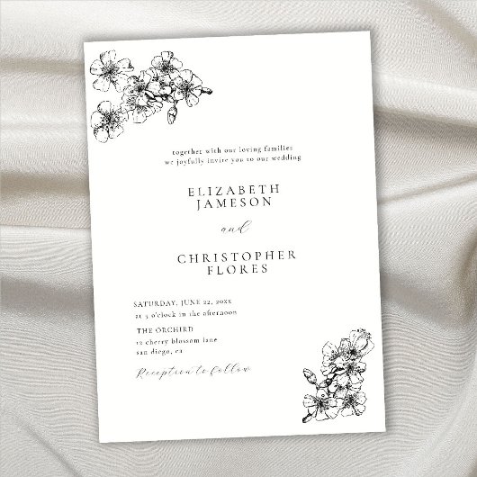 Invitation Croquis en fleurs de cerisier moderne Mariage BW b