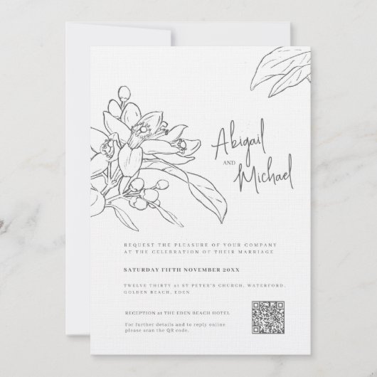 Invitation Croquis en fleurs orange mariage photo mono (Devant)