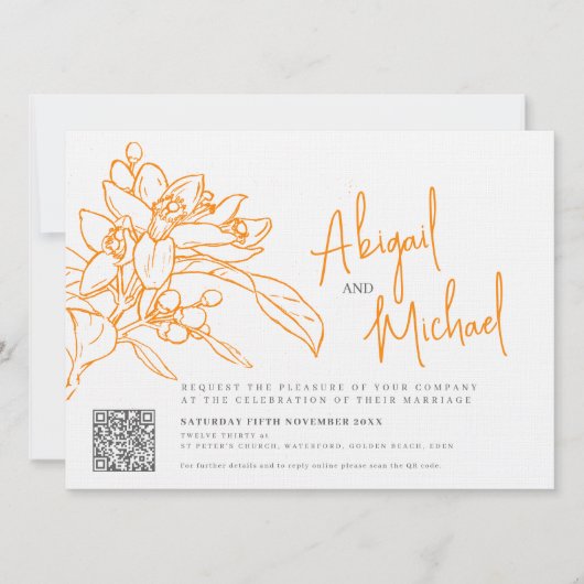 Invitation Croquis en fleurs orange mariage photo orange (Devant)