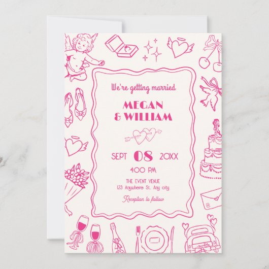Invitation Croquis en Mariage rose amusant (Devant)