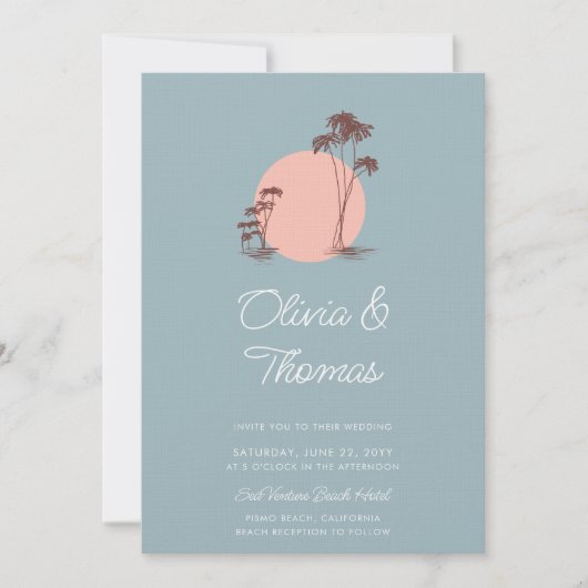 Invitation Croquis moderne Palmiers Dusty Blue Beach Wedding (Devant)
