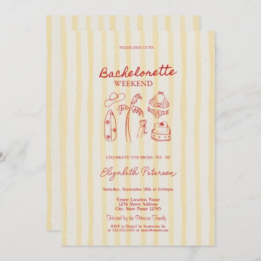 Invitation Croquis Rouge Bachelorette Week-end Bandes Jaunes (Devant / Derrière)