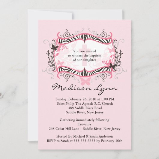 Invitation Cross Zebra Frame Baby Girl Baptism Inviation (Devant)