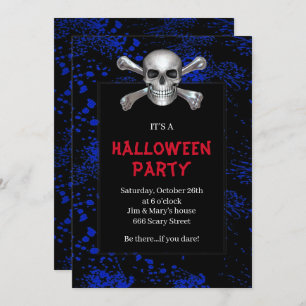 Invitation Crossbones de crâne Bleu éclaboussé Halloween Part