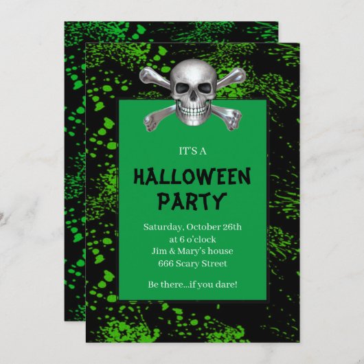 Invitation Crossbones de crâne Green Splatz Halloween Party (Devant / Derrière)