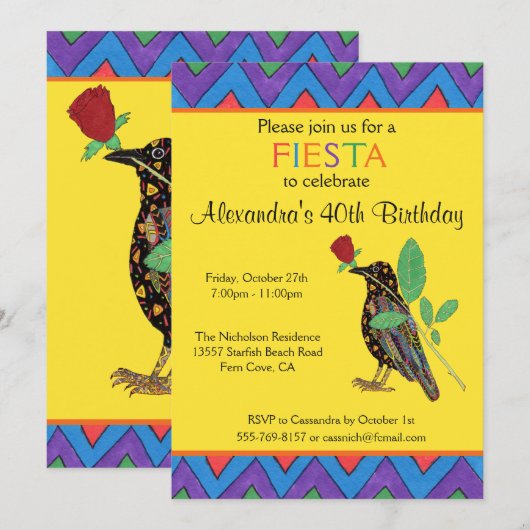 Invitation Crow & Rose Art mexicain Anniversaire Fête Invitat (Devant / Derrière)