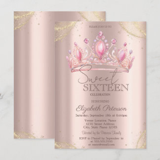 Invitation  Crown Gold Glitter Corners Rose Gold Sweet 16  