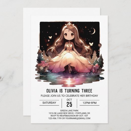 Invitation Crown Minimalist Princess Birthday (Devant / Derrière)