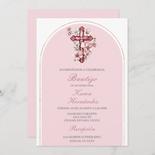 Invitation crucifix rose Baptême espagnol (Devant / Derrière)
