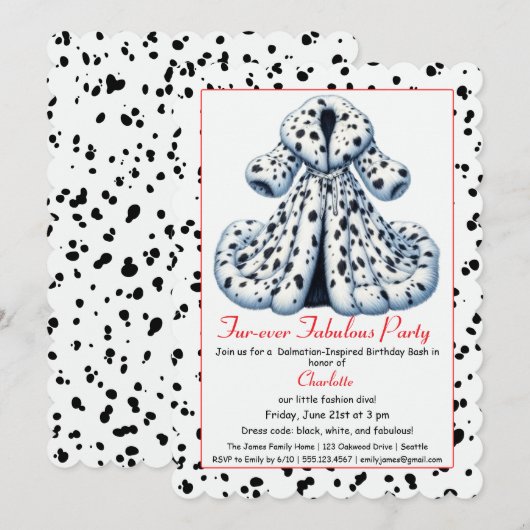 Invitation Cruella-Inspired Dalmatian Party – Birthday (Devant / Derrière)