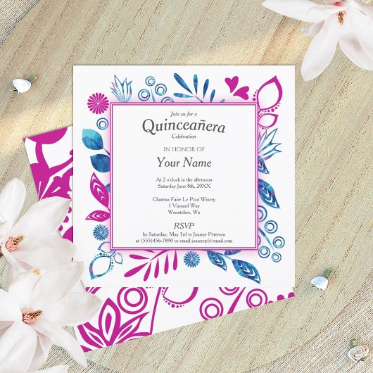 Invitation Crystal Blue et Hot Pink Quinceañera