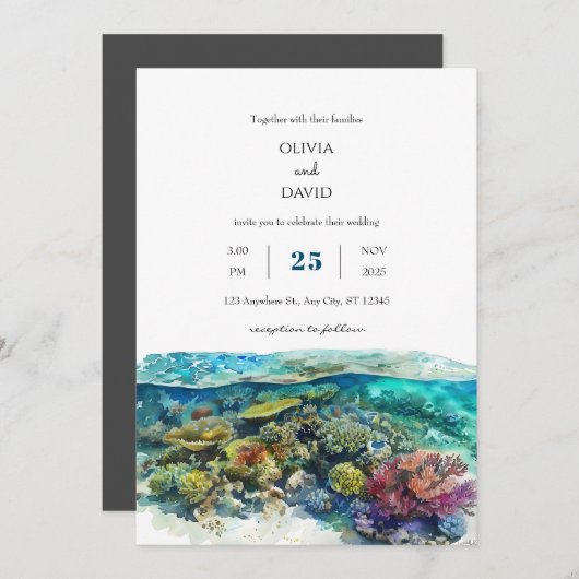 Invitation Crystal Clear Coral Reef Plage tropicale Mariage (Devant / Derrière)