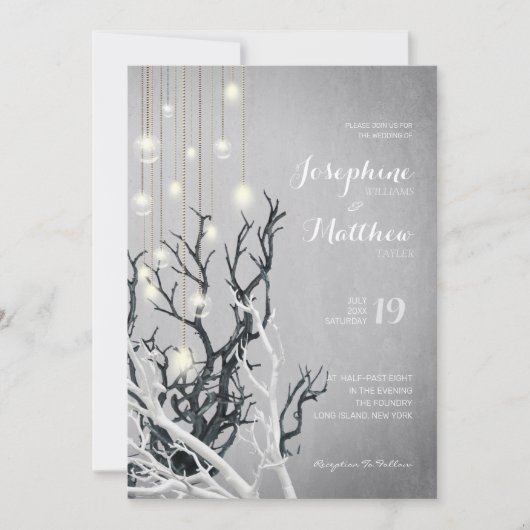 Invitation Crystal Light String White Branch Grey Mariage (Devant)