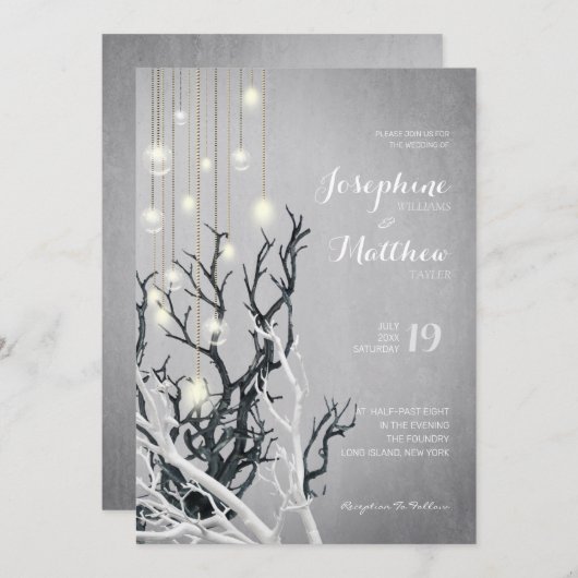 Invitation Crystal Light String White Branch Grey Mariage (Devant / Derrière)