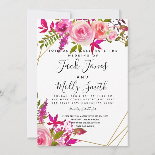 Invitation Crystal Pink Peach Roses Watercolor wedding invite (Devant)