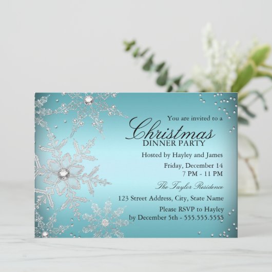 Invitation Crystal Snowflake Dîner de Noël bleu (Debout devant)