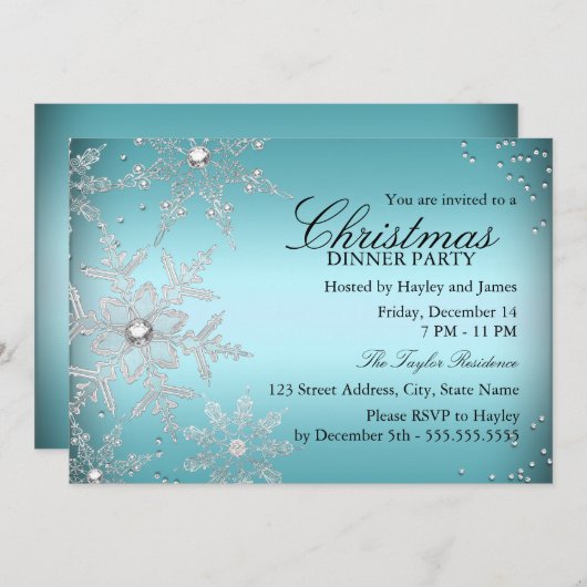 Invitation Crystal Snowflake Dîner de Noël bleu (Devant / Derrière)