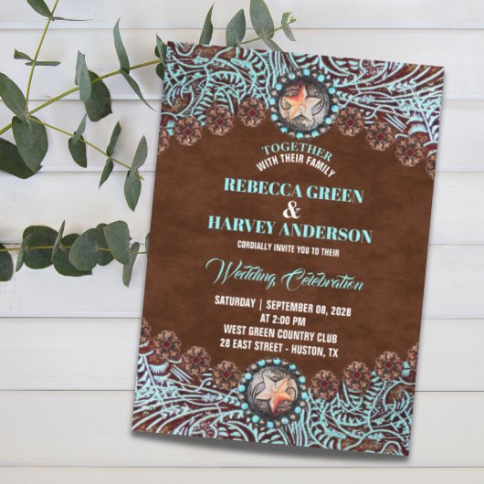Invitation cuir brun turquoise pays mariage de l'ouest