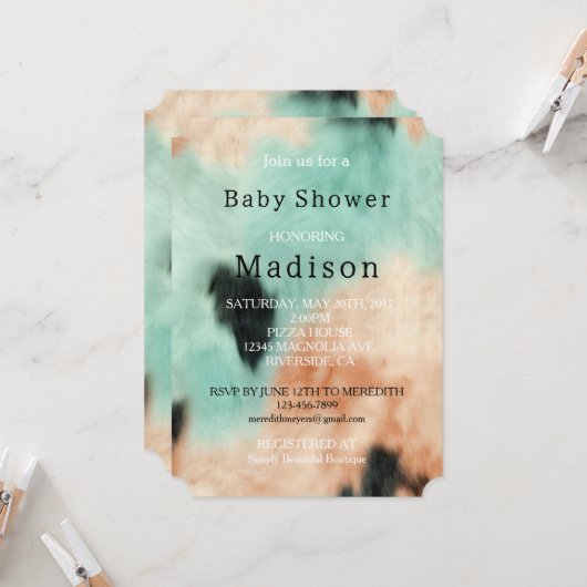 Invitation Cuir de vache fille cow-boy sud-ouest crème menthe (Devant/Arrière en situation)