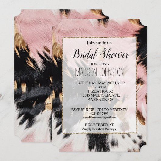 Invitation Cuir de vachette western rose noir blanc or (Devant / Derrière)