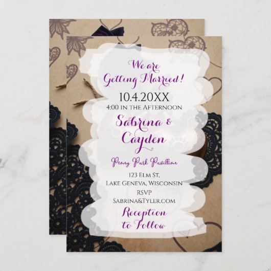 Invitation Cuir, dentelle et Rose Mariage gothique Steampunk (Devant / Derrière)