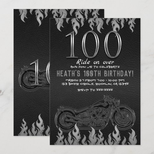 Invitation Cuir noir moto argent 100e 100e anniversaire (Devant / Derrière)