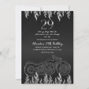 Invitation Cuir Noir Moto Argent 29e Anniversaire