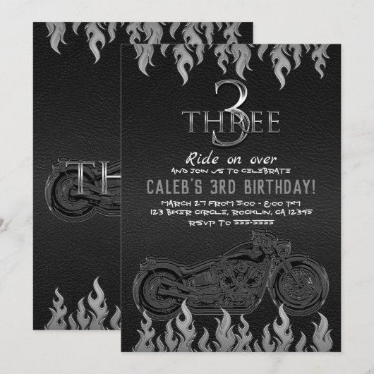 Invitation Cuir noir moto argent 3 3e anniversaire (Devant / Derrière)