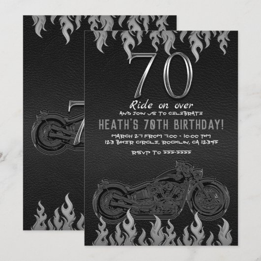 Invitation Cuir noir moto argent 70e 70 ans (Devant / Derrière)