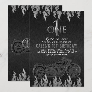 Invitation Cuir noir moto argentée 1 UN 1er anniversaire