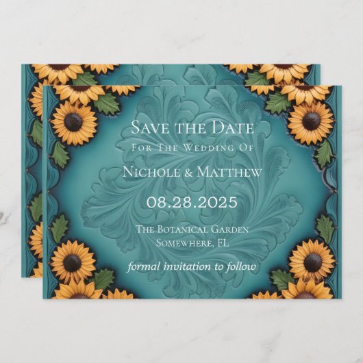 Invitation Cuir turquoise à outils et tournesols Enregistrer (Devant / Derrière)