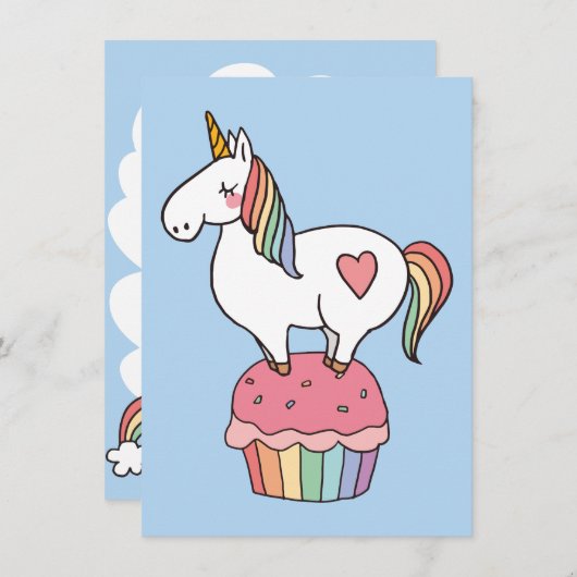 Invitation Cuisine arc-en-ciel Unicorn sur Cupcake d'annivers (Devant / Derrière)