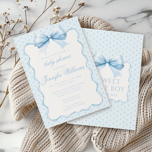 Invitation Cuisine bleu polkadot arc ruban bébé garçon douche