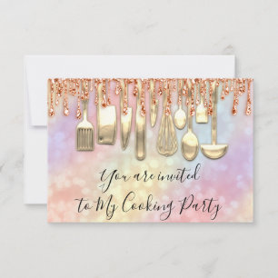 Invitation Cuisine Chef Golden Kitchen Holographe Rose