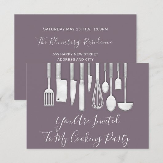Invitation Cuisine de Chef de Fête Blanc Gris Violet Pourpre (Devant / Derrière)