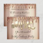 Invitation Cuisine de Chef de Fête Rose Gold Glitter Drip (Devant / Derrière)