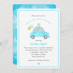 Invitation Cuisine Drive By Blue Car Balloons Boy Baby shower
