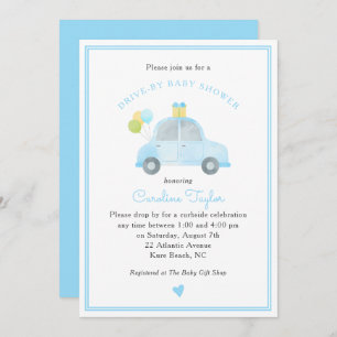 Invitation Cuisine Drive By Blue Car Balloons Boy Baby shower