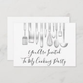 Invitation Cuisine Fête Chef Cuisine Restaurant Blanc Gris  (Devant / Derrière)