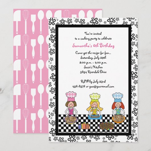 Invitation Cuisine Filles Anniversaire de enfant pâtissier (Devant / Derrière)