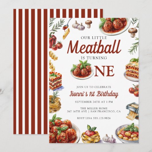 Invitation Cuisine italienne | Aquarelle 1er anniversaire (Devant / Derrière)