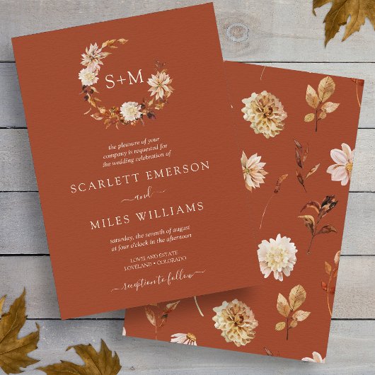 Invitation Cuivre Chute Terracotta Monogramme Mariage de cour