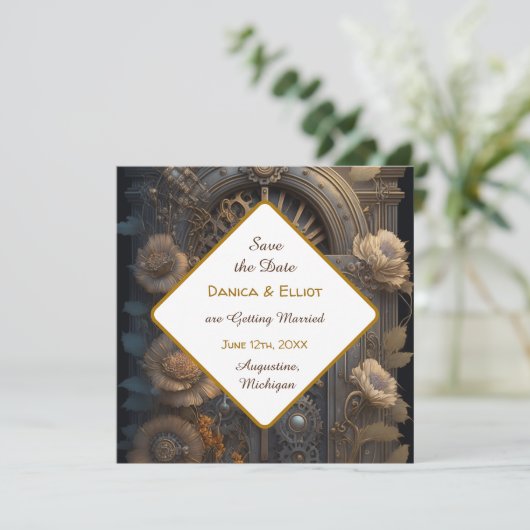 Invitation Cuivre Steampunk Mariage unique Enregistrer la dat (Debout devant)