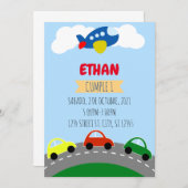 INVITATION CUMPLEANOS DE NINO TRANSPORTS, CARRITOS (Devant / Derrière)